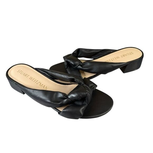 Stuart Weitzman Playa 35 Knot Slide Sandals Black Leather Size 11 Block Heel - Picture 3 of 9